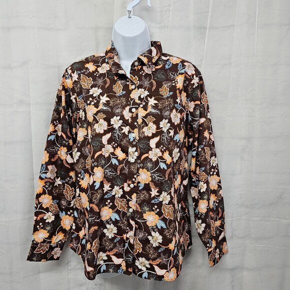Lands' End Brown Orange Button-Down Blouse Floral Boho Cotton Size 14P - Picture 1 of 13